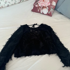 Svart topp - Säljer en svart topp med fransiga detaljer och öppen rygg. Toppen har långa ärmar och knytning i nacken.