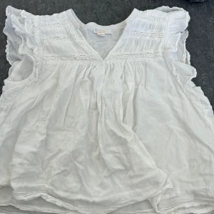 Vit blus från Gina Tricot - Säljer en söt vit blus från Gina Tricot med volangdetaljer och v-ringning. Blusen är ärmlös och har ett luftigt och bekvämt material, perfekt för varma dagar. Passar både till jeans och kjol för en avslappnad look.