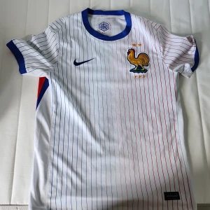 Frankrike fotbollströja Nike randig - Snygg vit Frankrike fotbollströja från Nike med tunna blå och röda ränder. Broderad tupp-logga och två stjärnor på bröstet, blå detaljer vid krage och ärmslut. Tillverkad i lätt och ventilerande material, perfekt för match eller träning.