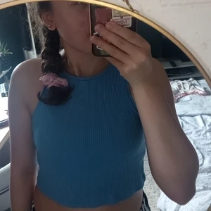 Blå ribbad linnetopp - Säljer en gullig blå ribbad topp. Toppen är kortärmad och har ett stretchigt material. Perfekt för varma dagar💗