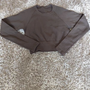 Brun croppad långärmad tröja Aim'n - Säljer en brun croppad långärmad tröja från Aim'n. Tröjan är ribbad och har en tight passform med rund halsringning. Perfekt för dig som gillar en sportig och stilren look. Liten Aim'n-logga baktill.