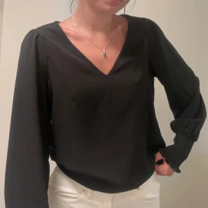 Svart blus med v-ringning - Snygg svart blus med v-ringad hals och långa ärmar. Ärmsluten är smockade vilket ger en trendig touch. Perfekt att styla med både jeans och kjol för en clean look.