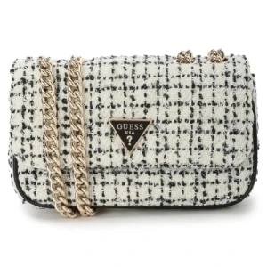 Guess axelväska i tweed med kedja - Säljer en snygg axelväska från Guess i vit och svart med guld detaljer. Väskan har guldfärgad kedjerem och klassisk trekantslogga framtill. Perfekt storlek för det viktigaste och stängs med magnetlås. Väldigt fin till sommaren! 
