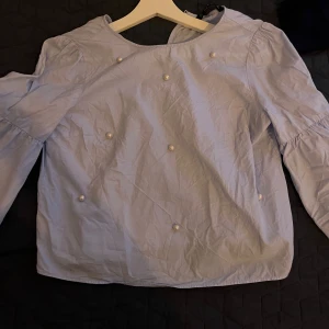 Ljusblå blus med pärlor från Zara  - Säljer en ljusblå blus med dekorativa pärlor framtill från Zara. Blusen har trekvartsärmar med volangdetaljer och en rund halsringning. Perfekt för dig som vill ha något sött och stilrent i garderoben! Den är helt oanvänd