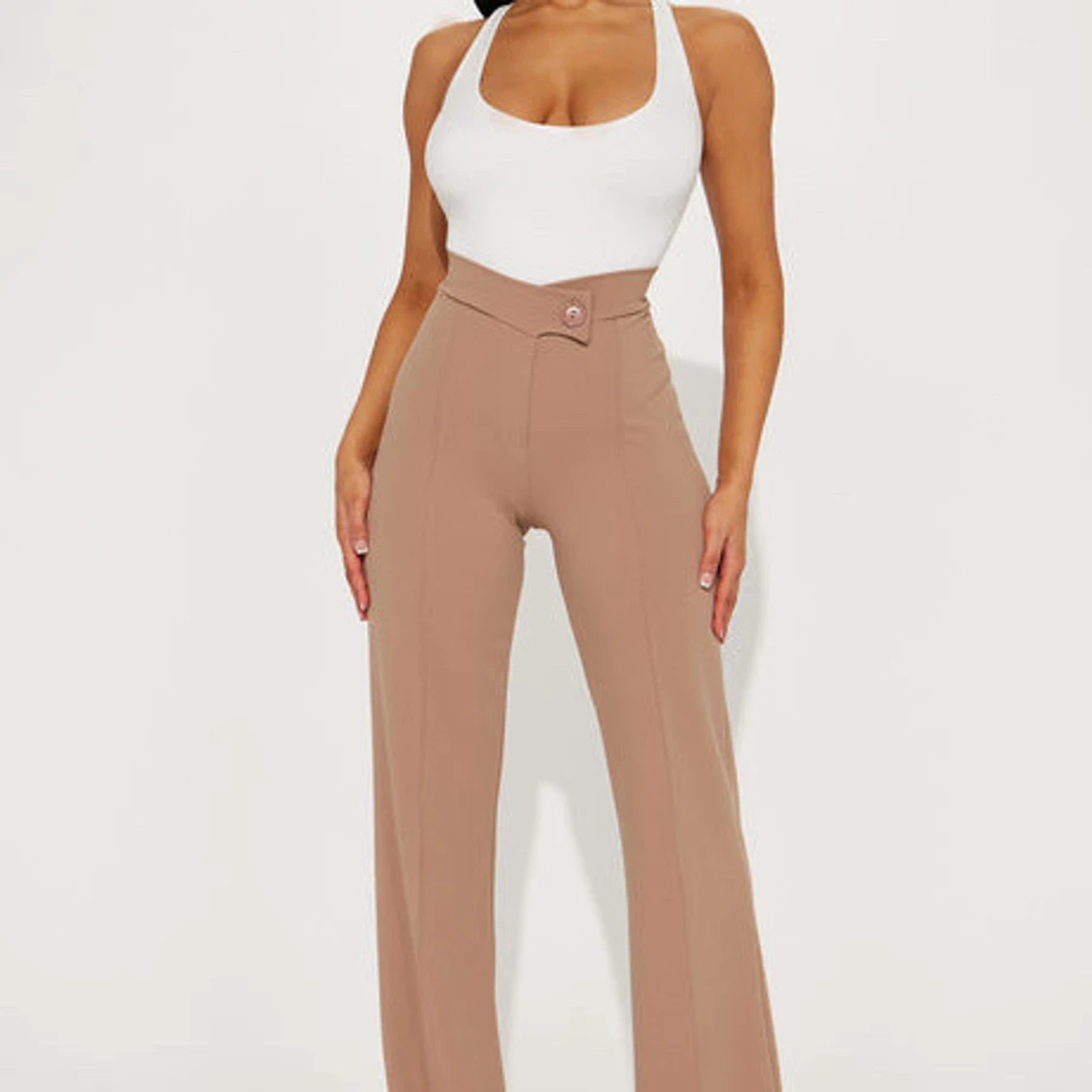 Beiga vida kostymbyxor med hög midja - 2