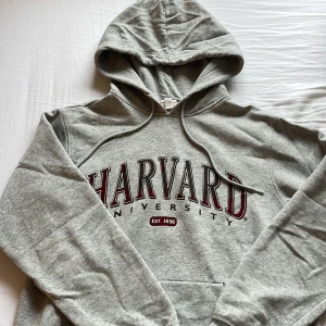 Grå Harvard hoodie med tryck - Snygg grå hoodie med stor Harvard University-tryck i vinrött  på bröstet. Klassisk känguruficka framtill, huva med dragsko och mjukt bomullsmaterial. Perfekt för chill dagar eller när du vill ha en college vibe.