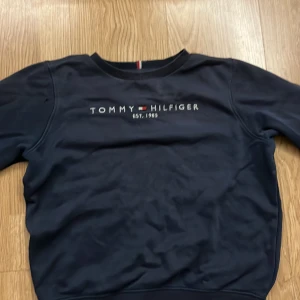 Mörkblå tröja från Tommy Hilfiger - Säljer en snygg mörkblå tröja från Tommy Hilfiger med broderad logga på bröstet. Tröjan har långa ärmar och ribbade muddar vid hals, ärmslut och nederkant. Perfekt för en stilren och bekväm look.