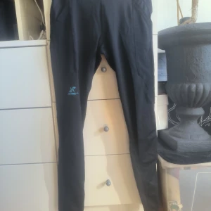 Svarta träningsbyxor från Rynox - Säljer ett par svarta träningsbyxor från Rynox med blå detaljer. Byxorna har en tight passform och är perfekta för träning. De är tillverkade i ett syntetmaterial som ger bra rörlighet och komfort. Storlek M men passar även S