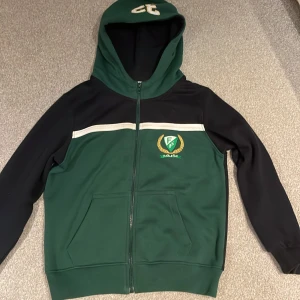 Snygg hoodie - Säljer en grön och svart huvtröja från Färjestad BK med dragkedja och broderad logga på bröstet. Tröjan har en huva och långa ärmar, perfekt för fans av laget. Den har också en vit randdetalj över bröstet. Stl. 134/140. Priset går att diskuteras