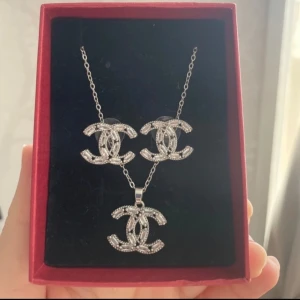 Silverfärgat smyckeset med halsband och örhängen - Elegant smyckeset i silverfärg med ett halsband och matchande örhängen. Båda delarna har en glittrig design med ett ikoniskt mönster. Perfekt för att lägga till en touch av glamour till din look. Endast använd en gång till ett event, aldrig mer använd. Vet tyvärr ej om den är silverplaterad, men har duschat med de och inte rostat!