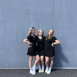 Svart ribbad kortklänning - En svart kortklänning med v-ringning och korta ärmar. Bara använd ca 2 gånger, exempelvis från tillfället på bilderna! Klänningen har även öppen rygg men det finns inte med på bild😇