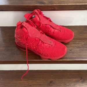 Röda Nike LeBron sneakers - Säljer ett par riktigt feta Nike LeBron sneakers i helrött. Skorna har stickad ovandel, coola detaljer med LeBron-logga och nummer på plösen, samt snörning och platt sula. Perfekt för dig som vill sticka ut med en sportig och unik look.