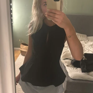 Svart ärmlös blus med volang - Säljer en svart ärmlös blus med lätt utsvängd volang nertill och en liten öppning framtill vid halsen. Snygg och stilren modell som ger en feminin siluett. Perfekt att matcha med jeans eller kjol för en trendig look.