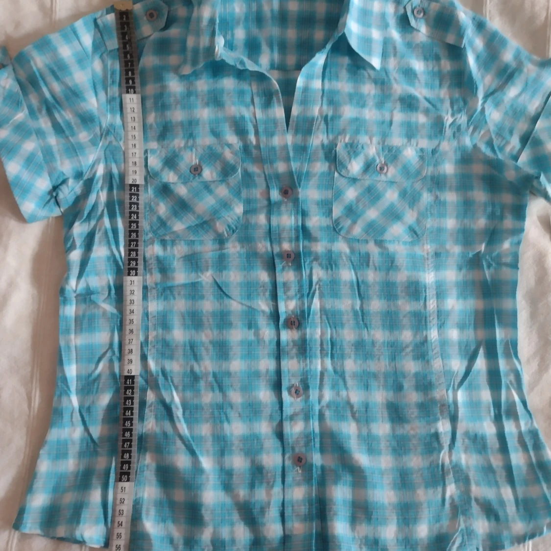 Oanvänd Y2K blåvit rutig kortärmad skjorta IMAGE - 3