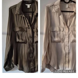 Två långärmade skjortor i satin - Säljer två eleganta långärmade skjortor i satin. Den ena är i en mörk olivgrön nyans och den andra i en ljus beige ton. Båda har knappar framtill och två bröstfickor med lock. Perfekta för en stilren look.