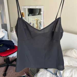 Svart see-through linne med tunna axelband - Säljer ett svart seethrough linne med tunna axelband och v-ringad halsringning. Toppen har en enkel och stilren design, perfekt att matcha med jeans eller kjol. Materialet känns lätt och svalt. Storlek M från Karen Millen passar mer en S.