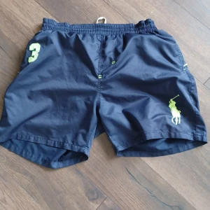 Mörkblå badshorts från Polo Jeans Co. - Mörkblå badshorts från Polo Jeans Co. med elastisk midja och innerbyxa i mesh. Neonfärgade detaljer, stor grön siffra 3 på vänster ben och Polo-logga på höger ben. Perfekta för stranden eller poolen. Dom är I storleken xxl men passar för dig som har M.