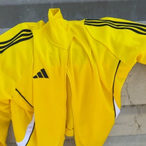 Gul Adidas vindjacka med svarta ränder - Snygg gul vindjacka från Adidas i slim fit-modell. Jackan har svarta klassiska Adidas-ränder längs ärmarna, dragkedja framtill och vita detaljer på sidorna. Perfekt för dig som gillar sportig stil och vill sticka ut med färg.
