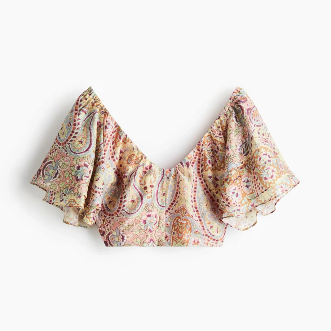 Blommig croppad blus med volangärm - 2