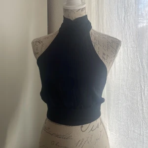 Svart halterneck topp - Snygg svart halterneck topp med knytning i ryggen. Perfekt för en stilren look. Toppen är ärmlös och har en hög halsringning. Storleken kan vara flexibel då man kan justera den på baksidan.