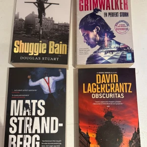 Fyra böcker: Shuggie Bain, Grimwalker, Mats Strandberg, Obscuritas - Säljer fyra böcker: 'Shuggie Bain' av Douglas Stuart, 'Grimwalker: En perfekt storm', en bok av Mats Strandberg, och 'Obscuritas' av David Lagercrantz. Perfekt för dig som älskar spännande och gripande berättelser. 