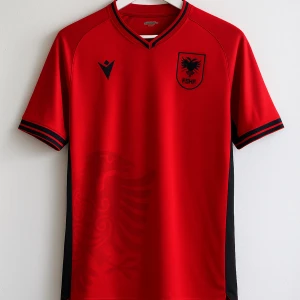 Albaniens fotbollströja röd Macron - Albaniens officiella fotbollströja i rött med svarta detaljer från Macron. Tröjan har korta ärmar, svart logga och emblem på bröstet samt en stor tonad örn på framsidan. Snygga svarta ränder på ärmsluten och texten 'Shqipëri' i nacken. Tillverkad i lätt och ventilerande material.