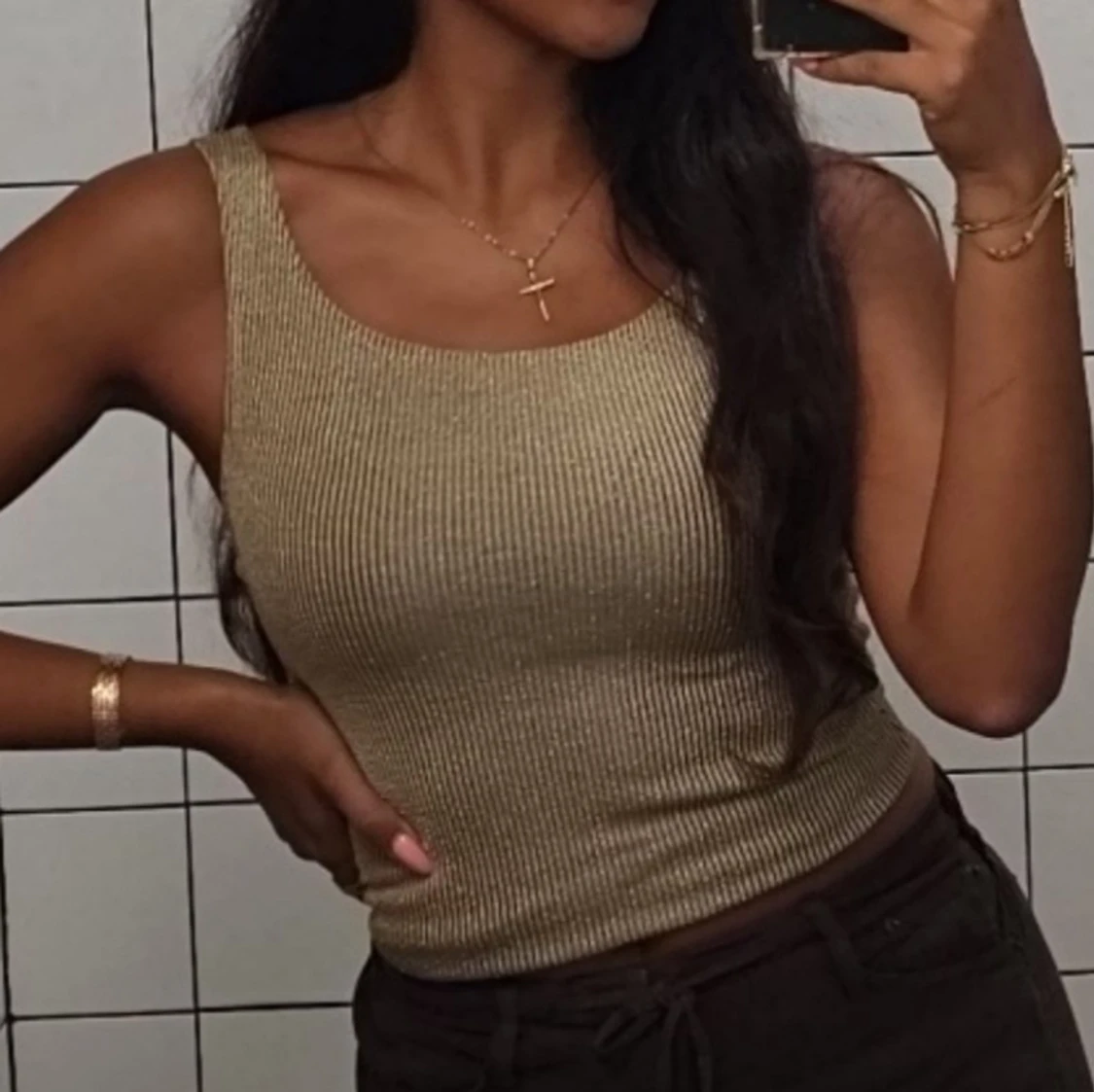 Beige ribbed shimmer linnetopp