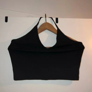 Svart croppad halterneck tubtopp - Snygg svart croppad tubtopp med halterneck och djup v-ringning. Rätt stor i storleken. 