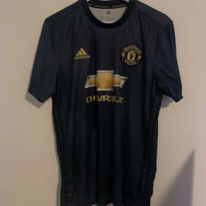 Mörkblå Manchester United fotbollströja authentic - Säljer en mörkblå Manchester United fotbollströja från Adidas med korta ärmar. Tröjan har klubbens emblem och sponsorlogga i guld på framsidan. På baksidan finns namnet 'Rashford' och nummer 19 i vitt. Storlek L
