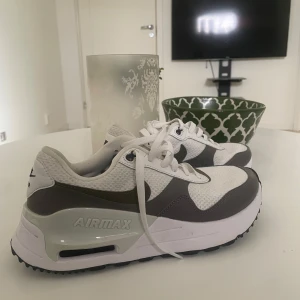 Nike Air Max vita och grå sneakers. - Snygga Nike Air Max sneakers i vitt och grått med gröna detaljer. Passar perfekt nu vid skolstart. Skick 10/10 använda en gång. Storlek 41.