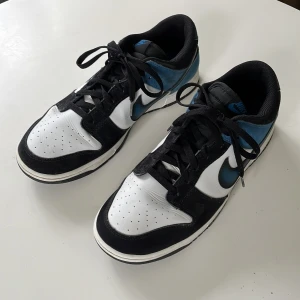 Nike Dunk Low Industrial Black Blue - Säljer ett par Nike Dunk Low Industrial Black Blue (svart, vit och blå) i mycket fint skick. Skorna har klassisk låg profil, svart snörning och perforerad tåbox för extra ventilation.  Perfekta för dig som gillar streetwear och sneakers.