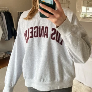 Grå sweatshirt  - Säljer denna super mysiga sweatshirt från hm men som inte går att köpa längre. Texten är vinröd med teddyliknande material 