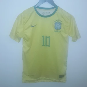 Brasilien Neymar Jr 10 fotbollströja - Gul Brasilien fotbollströja från Nike med gröna detaljer, nummer 10 och Neymar Jr på ryggen. Klassisk design med korta ärmar och broderad landslagssköld på bröstet. Perfekt för fans av det brasilianska landslaget.