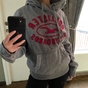 Grå hoodie från Hollister - Grå hoodie från Hollister med röd broderad text och logga på bröstet. Tröjan har huva med dragsko och en stor magficka. 