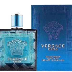 Versace Eros Eau de Toilette 100ml - Versace Eros är en ikonisk herrparfym i en lyxig turkosblå glasflaska med Medusa-huvudet i relief och guldiga detaljer. Flaskan har en fyrkantig form och levereras i en matchande ask. Doften är fräsch, maskulin och energisk.
