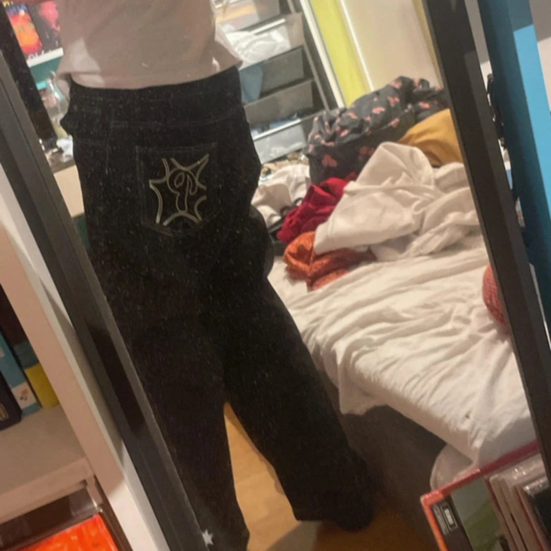 Svarta jeans contrast stitching tryck - 92