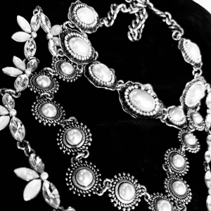 Fint stort vintage-halsband med berlocker! - Fint stort vintage-halsband med antiklegering och berlocker med pärlor och stenar i 3 längder. Längd halskedja: 35 cm (+15). Längd berlockkedjor: 22 cm, 28 cm & 42 cm. Jättefint skick!