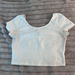 Vit spetsig croppad topp H&M Divided - Superfin vit croppad topp från H&M Divided med korta ärmar och snygg spetsstruktur över hela tyget. Rundad urringning och figurnära passform, perfekt att styla med höga jeans eller kjol. Fräsch och trendig vibe!
