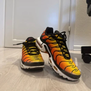 Nike Air Max Plus TN i orange och gul - Säljer ett par Nike Air Max Plus TN med grymt färgstark design i orange, gul och svart. Skorna har svarta snören, vit sula och klassiska vågiga linjer på ovandelen. Perfekta för dig som vill sticka ut med dina sneakers. Använda bara tre gånger pris kan diskuteras!