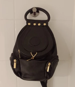 Skinnryggsäck - Liten ryggsäck 35×25 Med handtag, avtagbart axelband som m dragkedja kan förvandlas till ryggsäck. I ficka inuti och 2 fickor på sidan. Made in Italy. Svart med Guldfärgade detaljer.