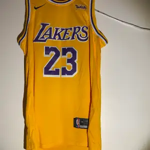 NBA Jersey LeBron James Lakers hemmaställ. Köpt för 699. Endast använd ett fåtal gånger och är i bra skick.(Obs ej köpt från wish, LA Lakers är sponsrade av wish därmed loggan på linnet)