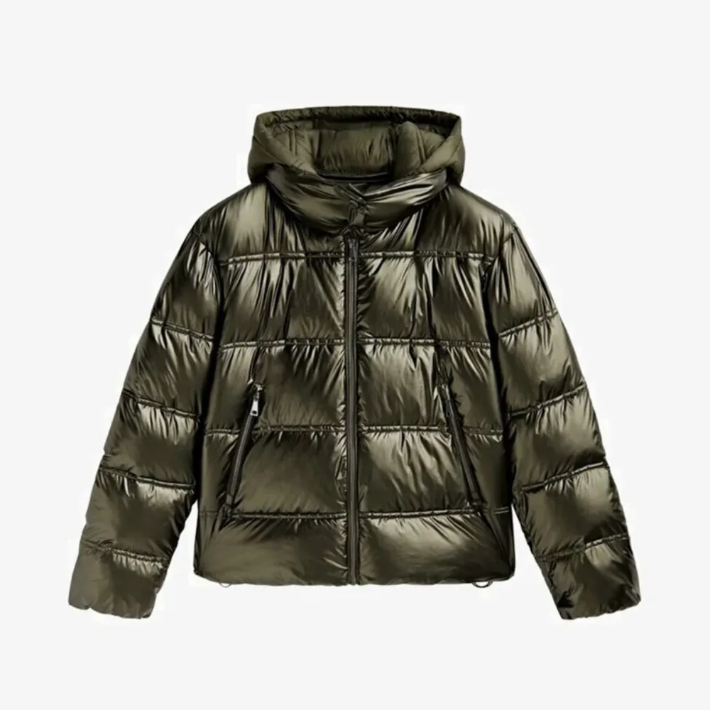 Snygg grön glänsande jacka från Massimo Dutti. Köptes vintern 2022. Värmer jätte bra, super skön nu när våren kryper fram. Ny pris 1800💚(sista bilden är egen tagen för att se färgen bättre) Köper står för frakten!. Jackor.