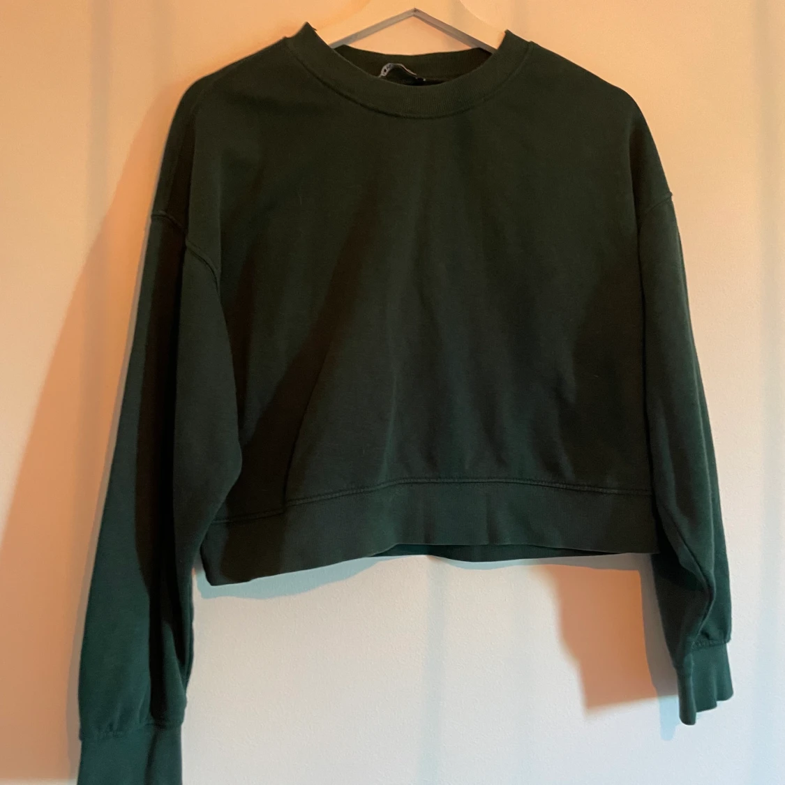 En mörk grön sweatshirt.