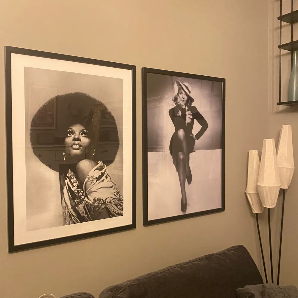 Posters 50 x 70 cm Till vänster Diana Ross Till höger Marlene Dietrich  Nypris 350kr st. Säljer båda för 200kr. Övrigt.