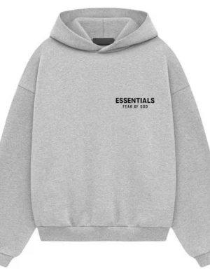 Grå Essentials Fear of God hoodie - Snygg grå hoodie från Essentials Fear of God med svart tryck fram och bak. Oversized passform, ribbade muddar och klassisk huva. Tillverkad i mjuk bomullsblandning som känns skön mot huden. Perfekt för en avslappnad streetwear-look.