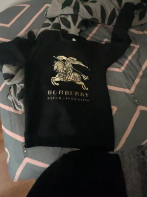 Svart hoodie från Burberry - Cool svart hoodie från Burberry med stort guldigt tryck av riddare och texten 'Burberry Established 1856' på framsidan. Klassisk passform och mjukt material som känns skönt mot huden. Perfekt för dig som vill ha något stilrent med lyxig känsla.