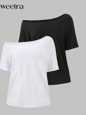 Nya i förpackning! Offshoulder t-shirts från Weetra - Två snygga offshoulder t-shirts från Weetra i svart och vitt. T-shirtsen har korta ärmar och en avslappnad passform med bred halsringning. Perfekta för en trendig och chill look. Tillverkade i mjuk bomull för extra komfort.