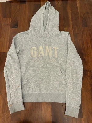 Ljusgrå hoodie från GANT - Snygg ljusgrå hoodie från GANT med stor logga broderad på bröstet. Klassisk känguruficka framtill och ribbade muddar vid ärmslut och nederkant. Tillverkad i mjukt sweatshirtmaterial och har en skön huva.