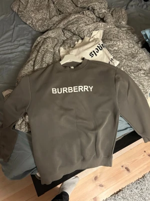Grå sweatshirt från Burberry - Säljer en stilren grå sweatshirt från Burberry med vit logga tryckt på bröstet. Tröjan har rund halsringning, ribbade muddar vid ärmslut och nederkant samt en clean look utan huva. Perfekt för dig som gillar klassiska designer och premiumkänsla. Storlek M