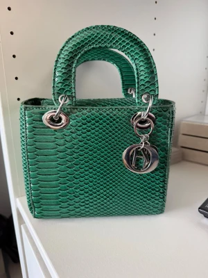 Grön handväska i ormskinn - Säljer en grön handväska i ormskinn med silverfärgade metalldetaljer. Väskan har en boxig form och två stadiga handtag. Perfekt statement piece för dig som vill sticka ut med lyxig känsla.